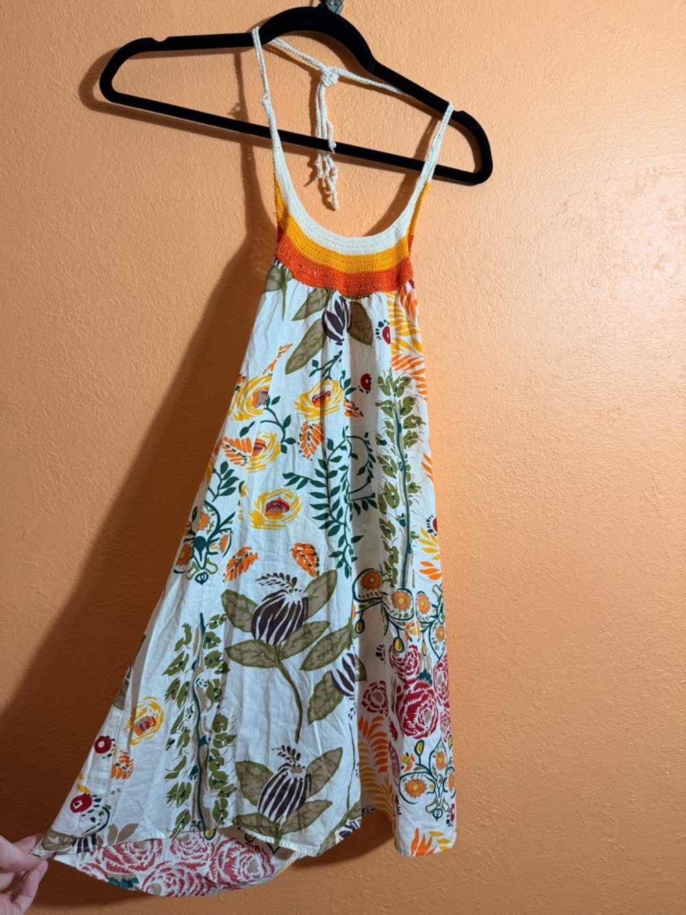 Wet Seal White Floral Babydoll Dress with Yellow & Orange Crochet Halter Top